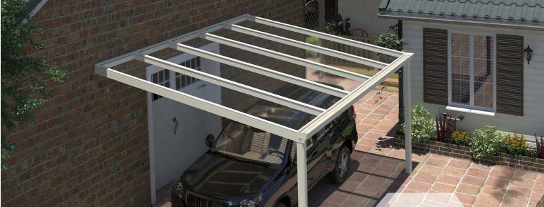 Klassieke carport in mat crème van 5,06m x 3,5m met heldere polycarbonaat